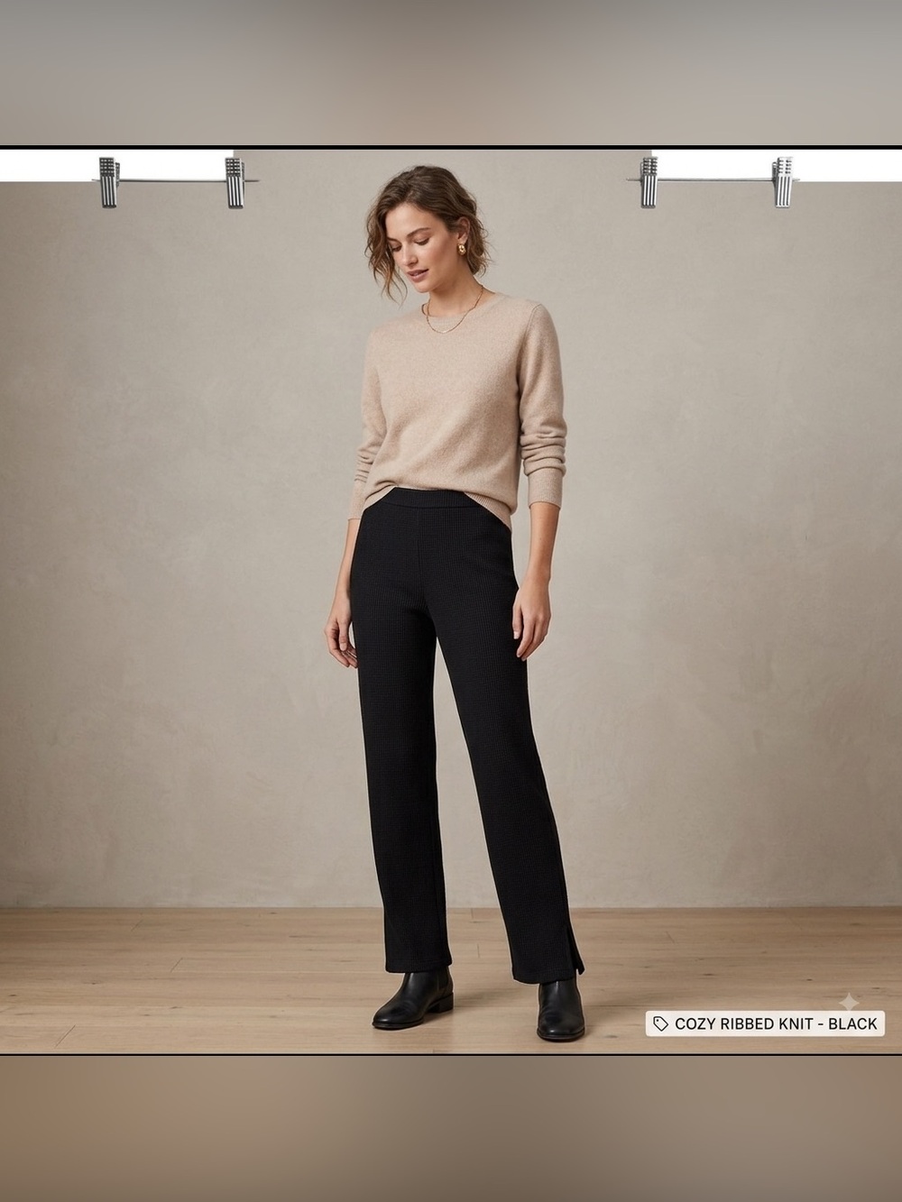Eileen Fisher Waffle Straight Leg Pull Up Relaxed Black Pants Size L